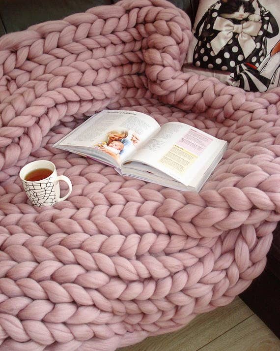Chunky Knit Blanket 100% Merino Wool Arm Knit Blanket: Grey / 30x50 inches