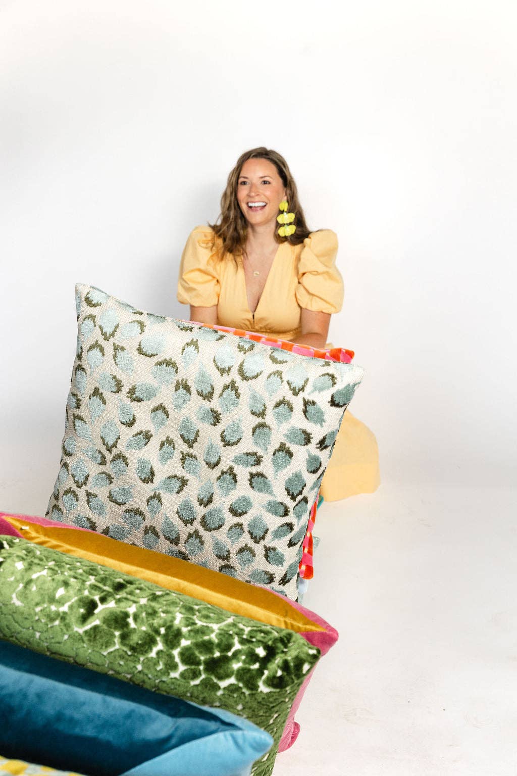 Lottie Aqua & Green Spotted Velvet Throw Pillow: Mineral / 14x20"