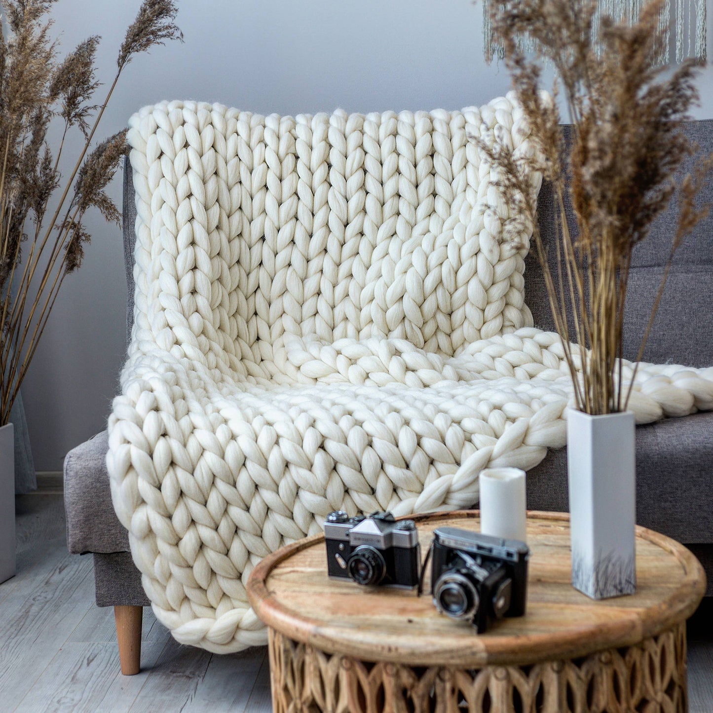 Chunky Knit Blanket, Giant Blanket, 100% Wool Blanket: Dark grey / 30x50 inches
