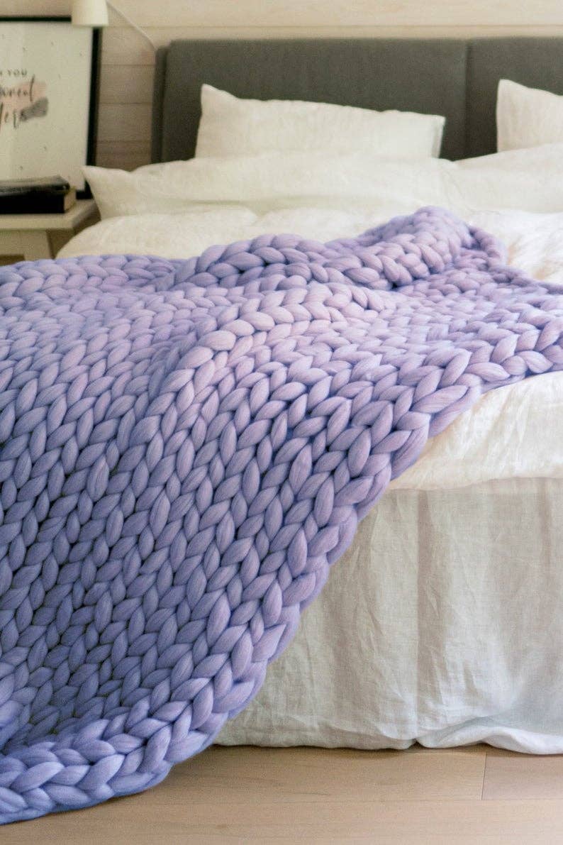 Chunky Knit Blanket 100% Merino Wool Arm Knit Blanket: Grey / 30x50 inches