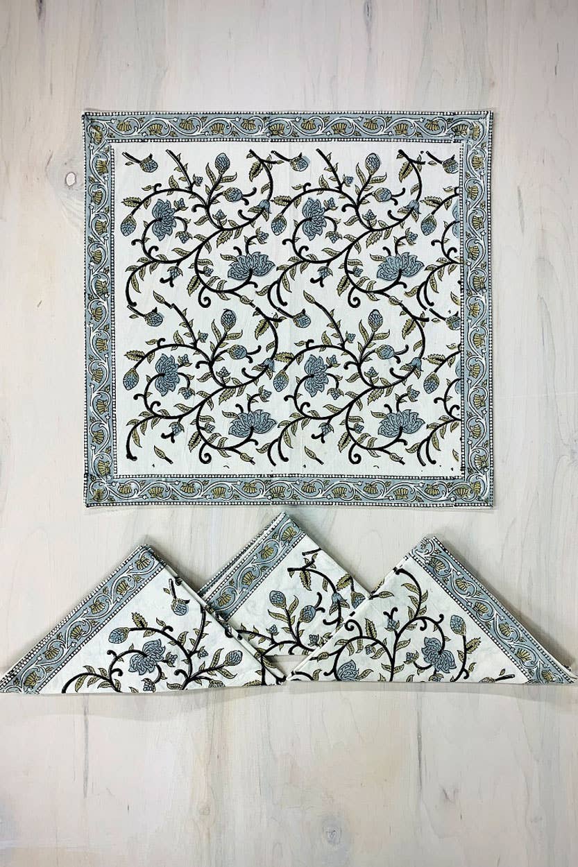 Silver Floral Block Print Napkin Set