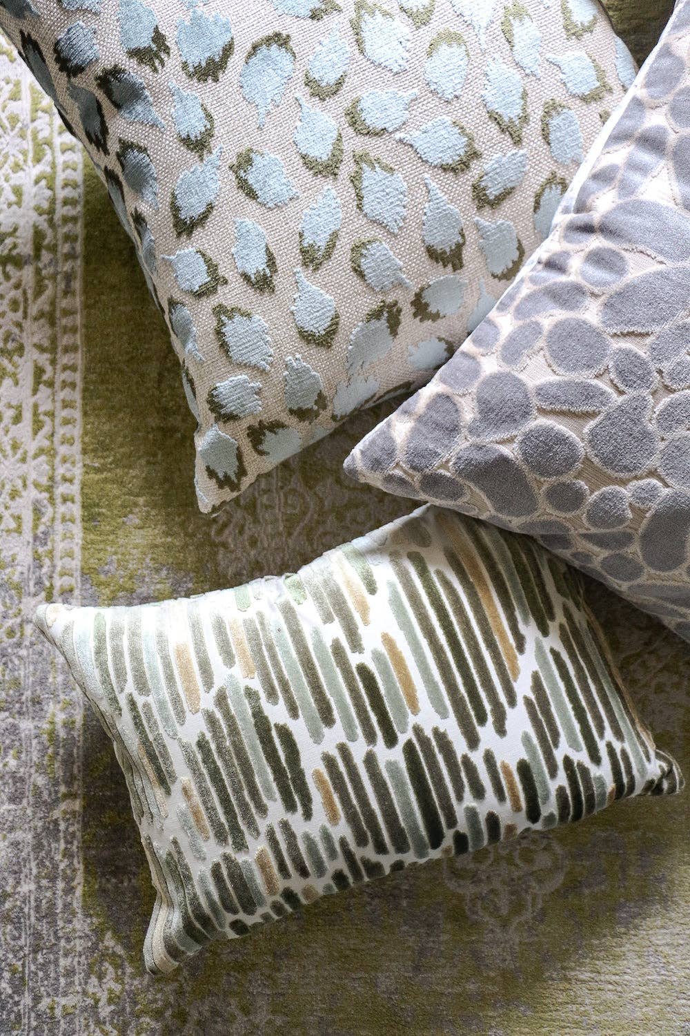 Lottie Aqua & Green Spotted Velvet Throw Pillow: Mineral / 14x20"