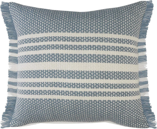 Blue Striped Indoor Pillow with Fringe 24"x24"