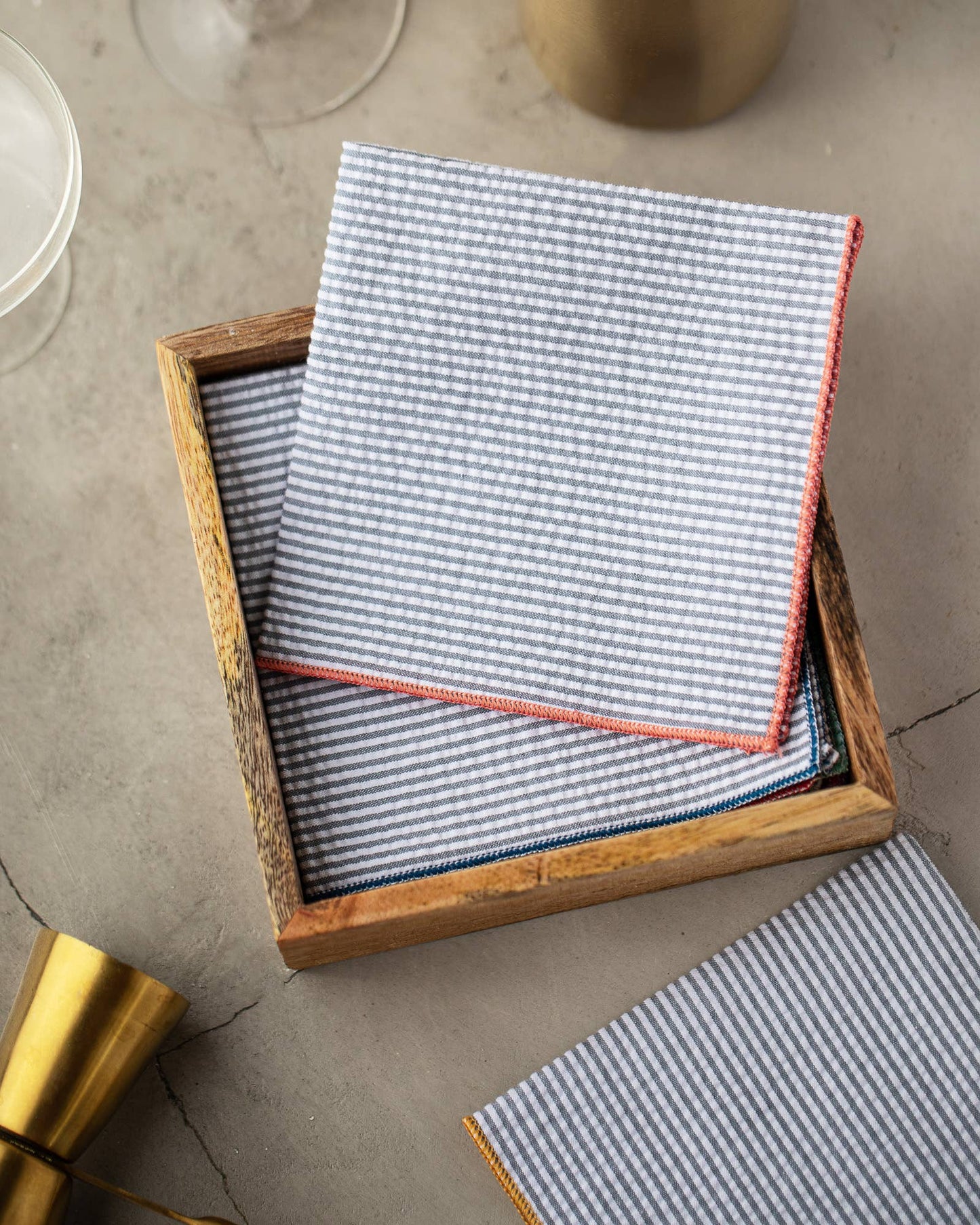 Grey Seersucker Everyday Cloth Napkins with Colorful Edges, set of 8