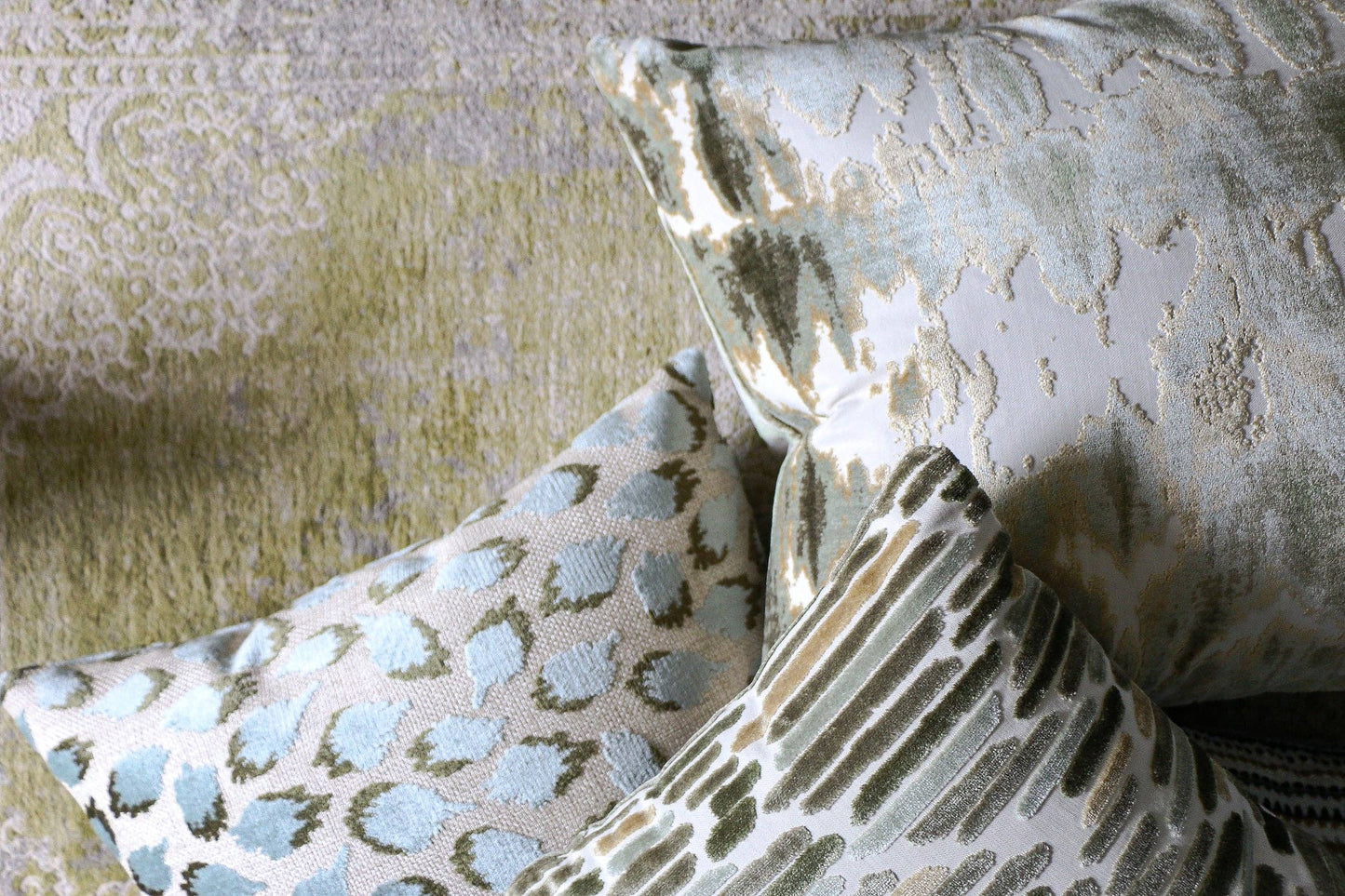 Lottie Aqua & Green Spotted Velvet Throw Pillow: Mineral / 14x20"