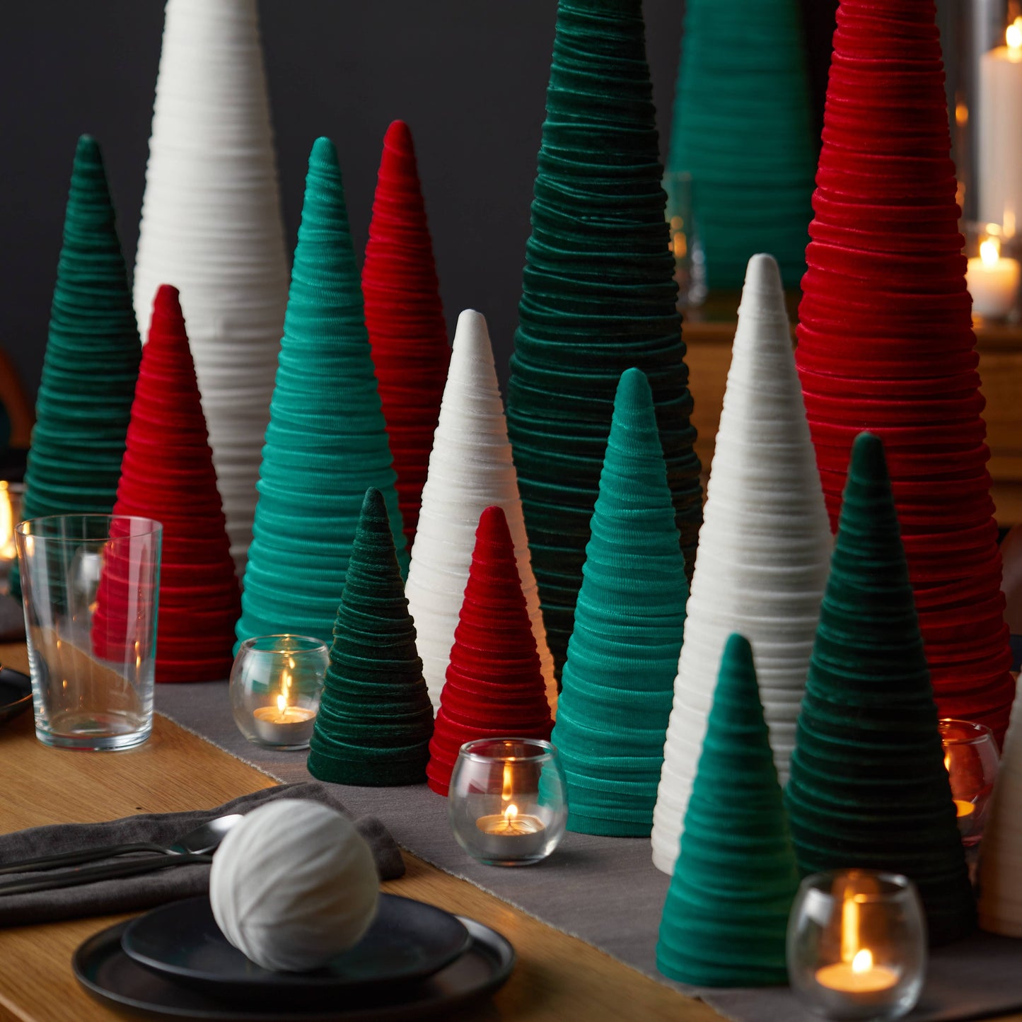 Cones Velvet Set of 3 Tablescape Mantel Best 25 Colors: Green
