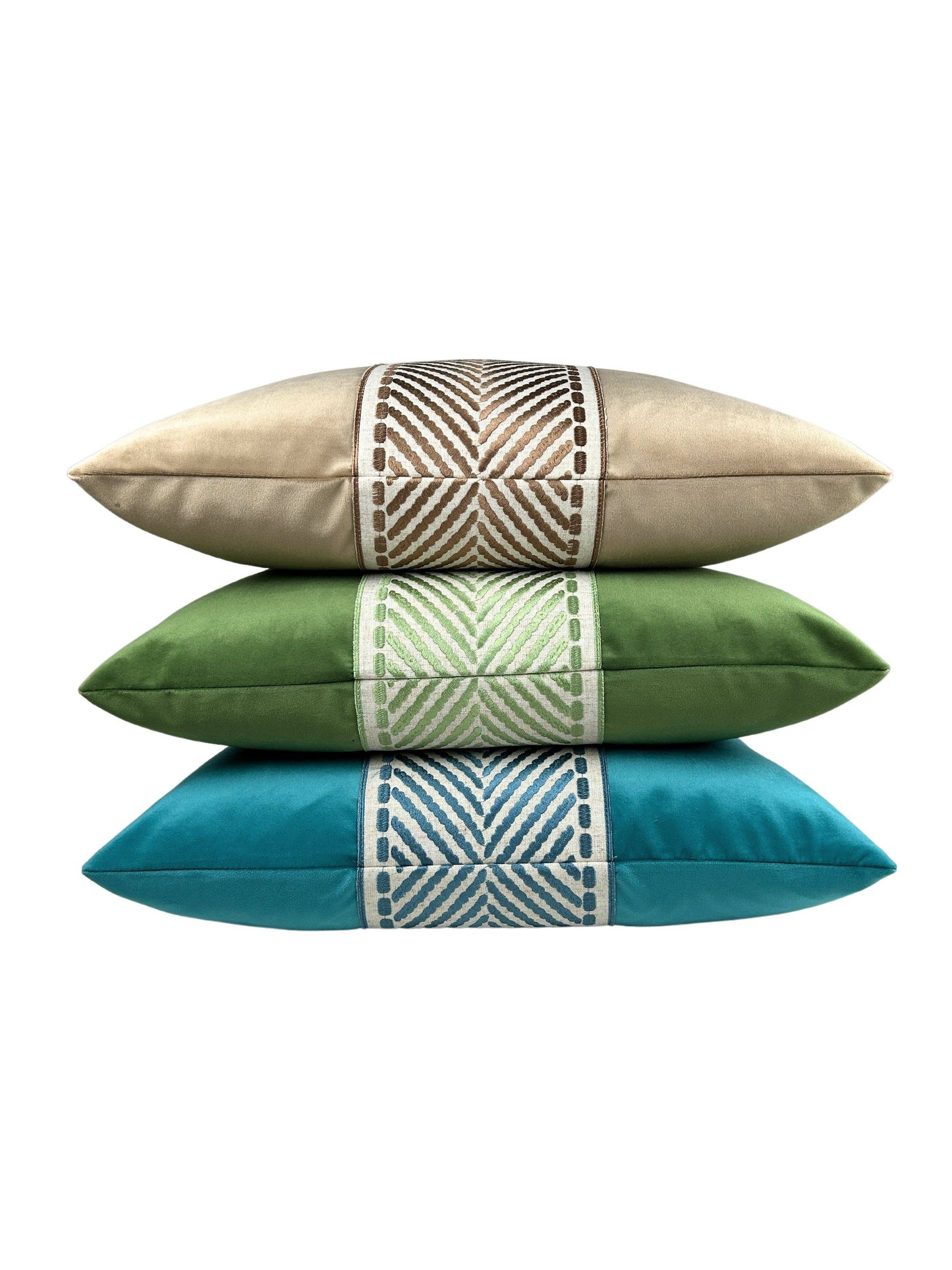 Brooks - Tan Velvet Square Throw Pillow w/ Embroidered Trim: Fawn / 22x22"