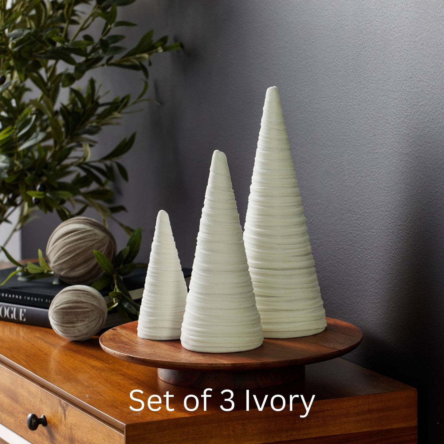 Cones Velvet Set of 3 Tablescape Mantel Best 25 Colors: Green