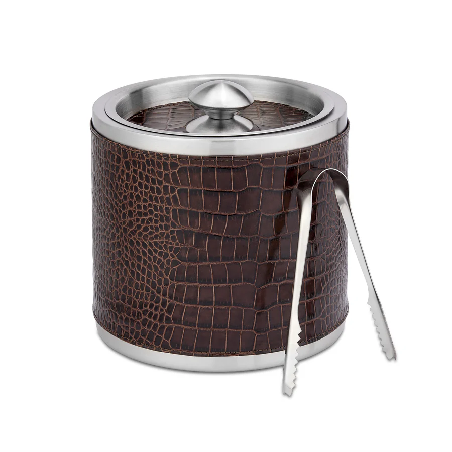 Leather Wrapped Ice Bucket Brown Croc Embossed