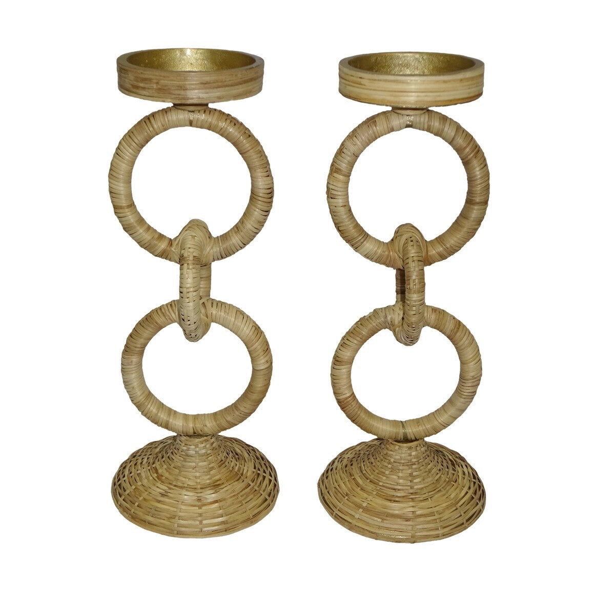 Rattan Wrapped Ring Pillar Candlestick 13.5" H 2 Piece Set, Natural