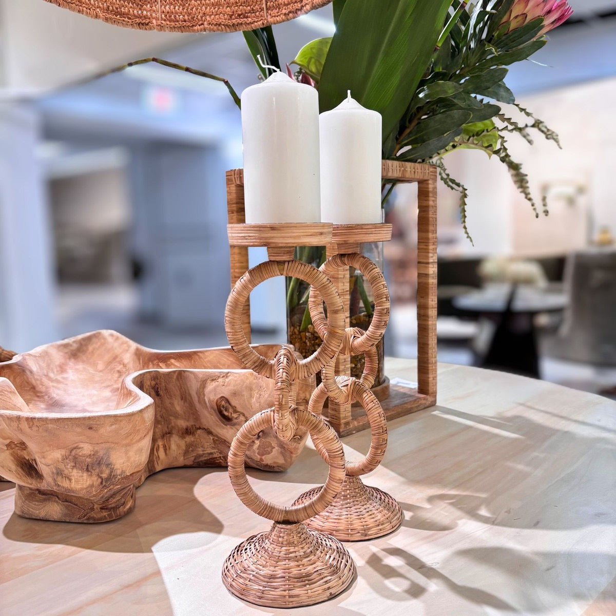 Rattan Wrapped Ring Pillar Candlestick 13.5" H 2 Piece Set, Natural
