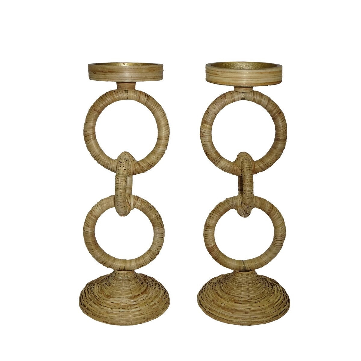 Rattan Wrapped Ring Pillar Candlestick 13.5" H 2 Piece Set, Natural