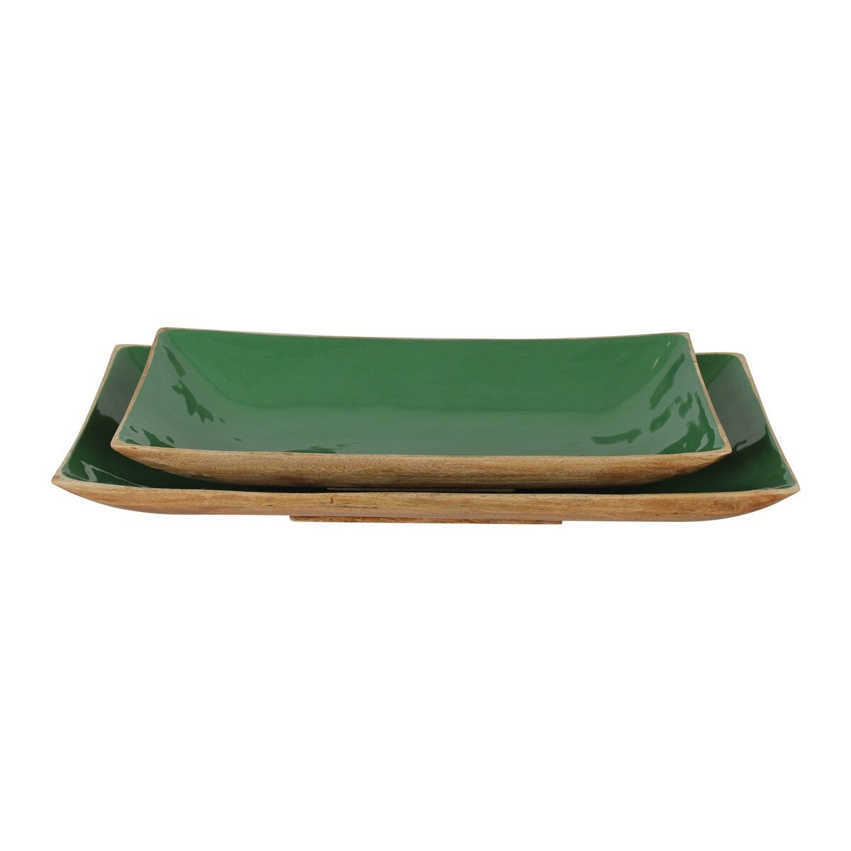 Enamel and Mangowood Rectangular Trays, 2 Piece Set Green/Natural