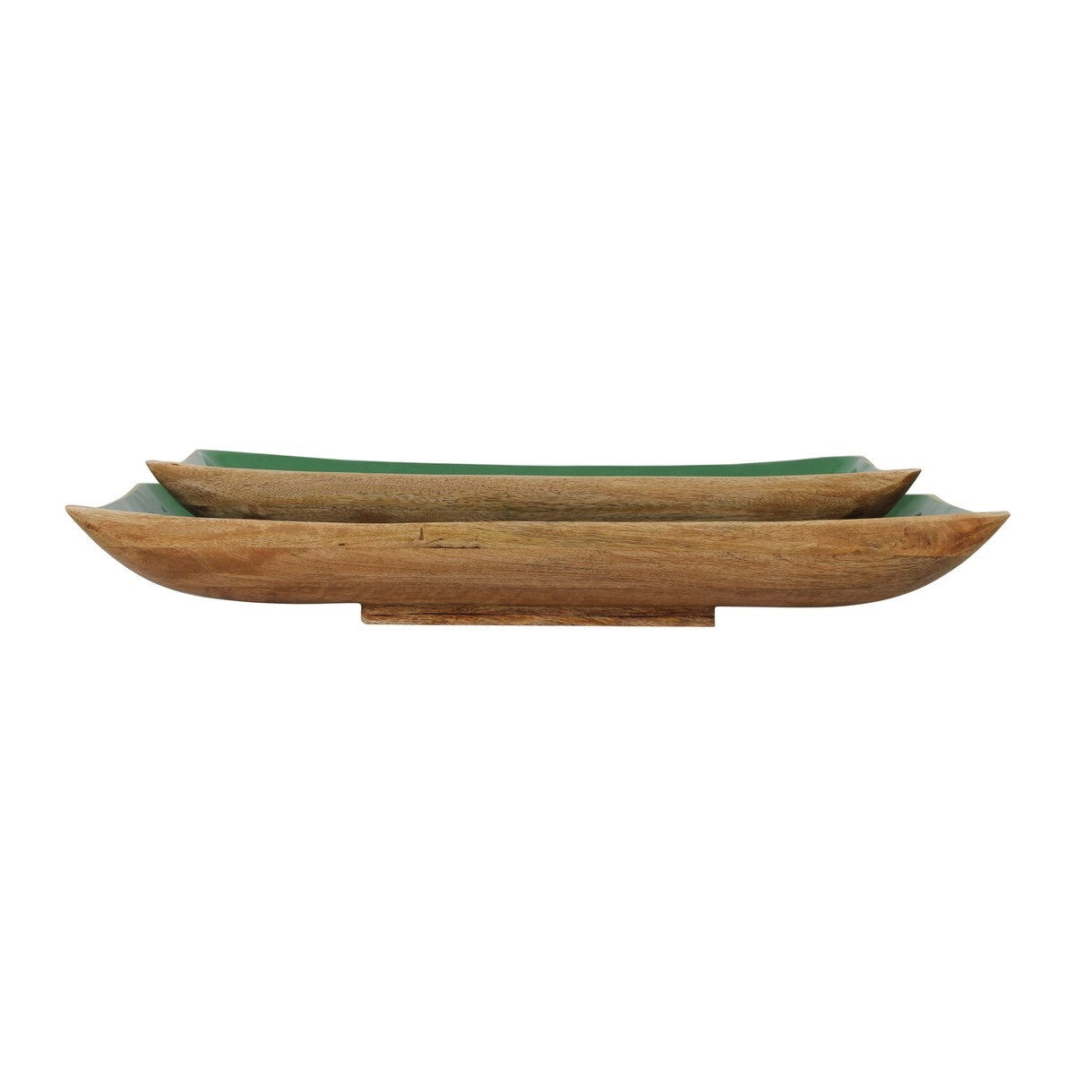 Enamel and Mangowood Rectangular Trays, 2 Piece Set Green/Natural