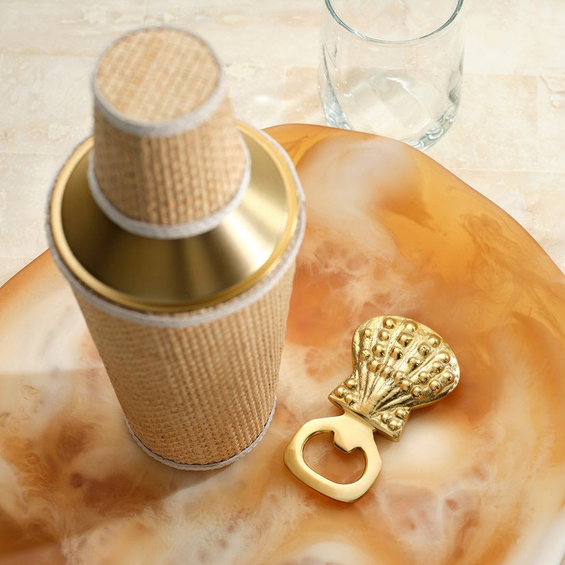 Gable Natural/White, Cocktail Shaker, Raffia/Leather/Gold