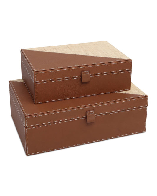 Raffia/Leather Boxes, Set of 2