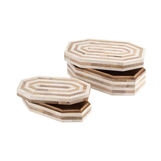 Elongated Octagon Decorative Boxes, S/2 14 x 12, Natural and White
