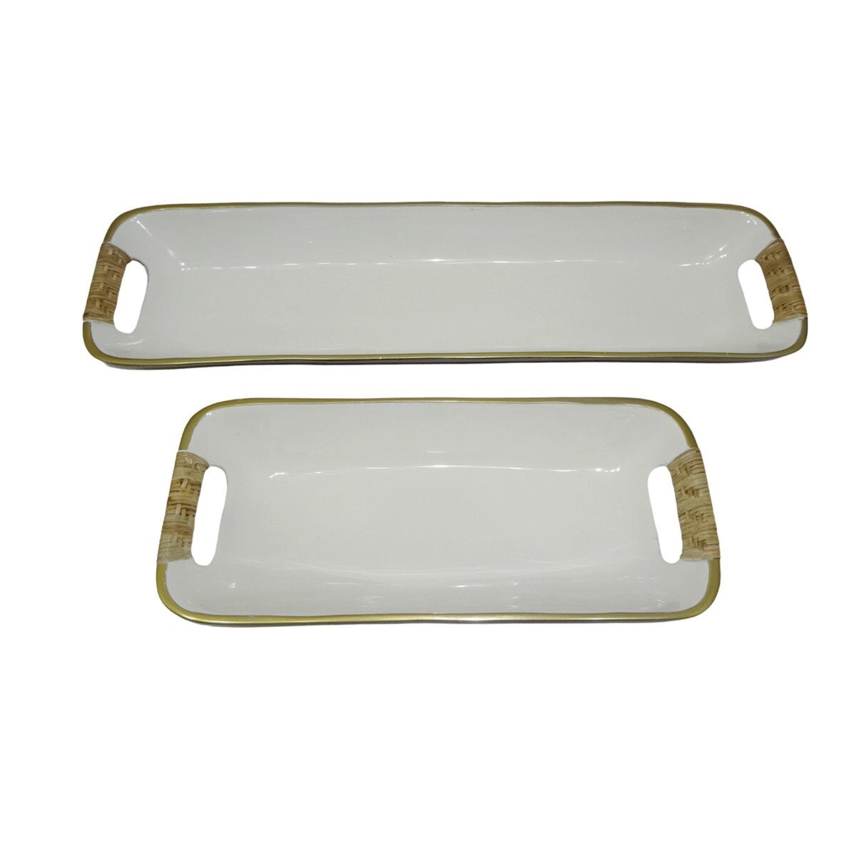 Rectangular Enamel Metal Trays w/ Rattan Wrapped Handles S/2 White/Gold