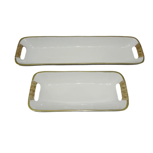 Rectangular Enamel Metal Trays w/ Rattan Wrapped Handles S/2 White/Gold