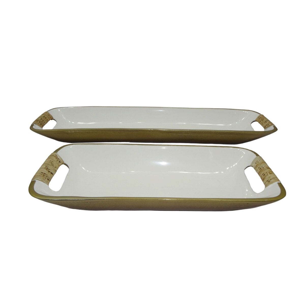 Rectangular Enamel Metal Trays w/ Rattan Wrapped Handles S/2 White/Gold