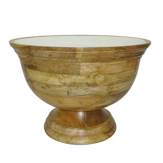 Medium Enamel and Mangowood Pedestal Bowl 13" W White/Natural