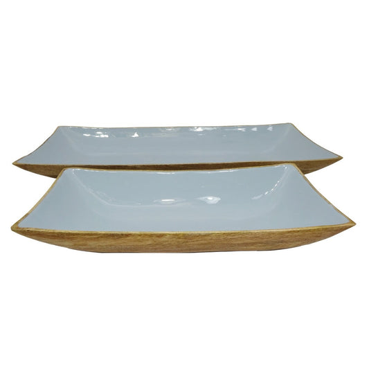 Enamel and Mangowood Rectangular Trays, 2 Piece Set Blue/Natural