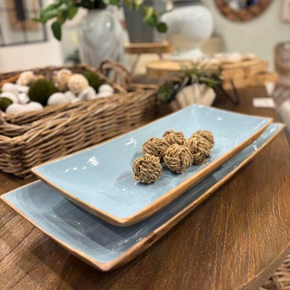 Enamel and Mangowood Rectangular Trays, 2 Piece Set Blue/Natural