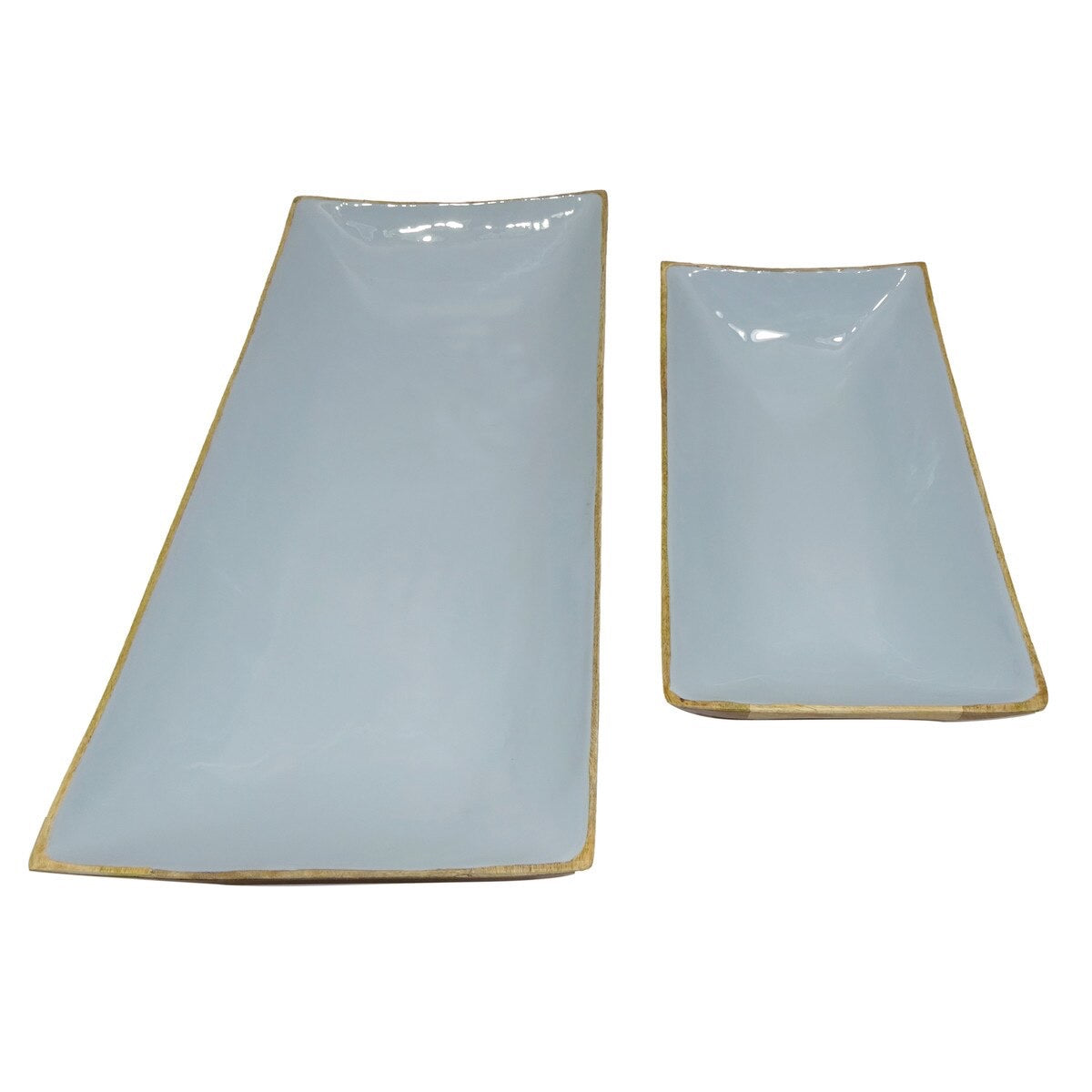 Enamel and Mangowood Rectangular Trays, 2 Piece Set Blue/Natural