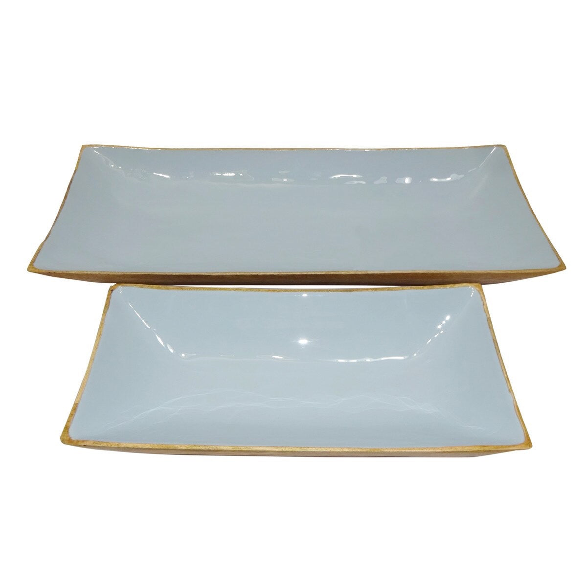 Enamel and Mangowood Rectangular Trays, 2 Piece Set Blue/Natural