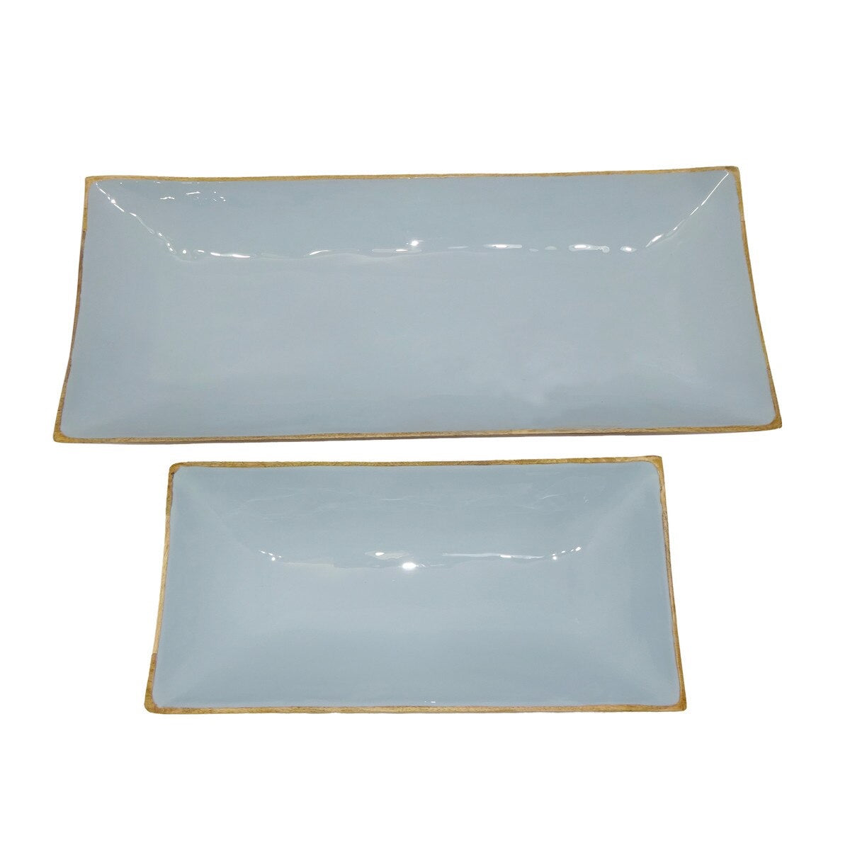 Enamel and Mangowood Rectangular Trays, 2 Piece Set Blue/Natural