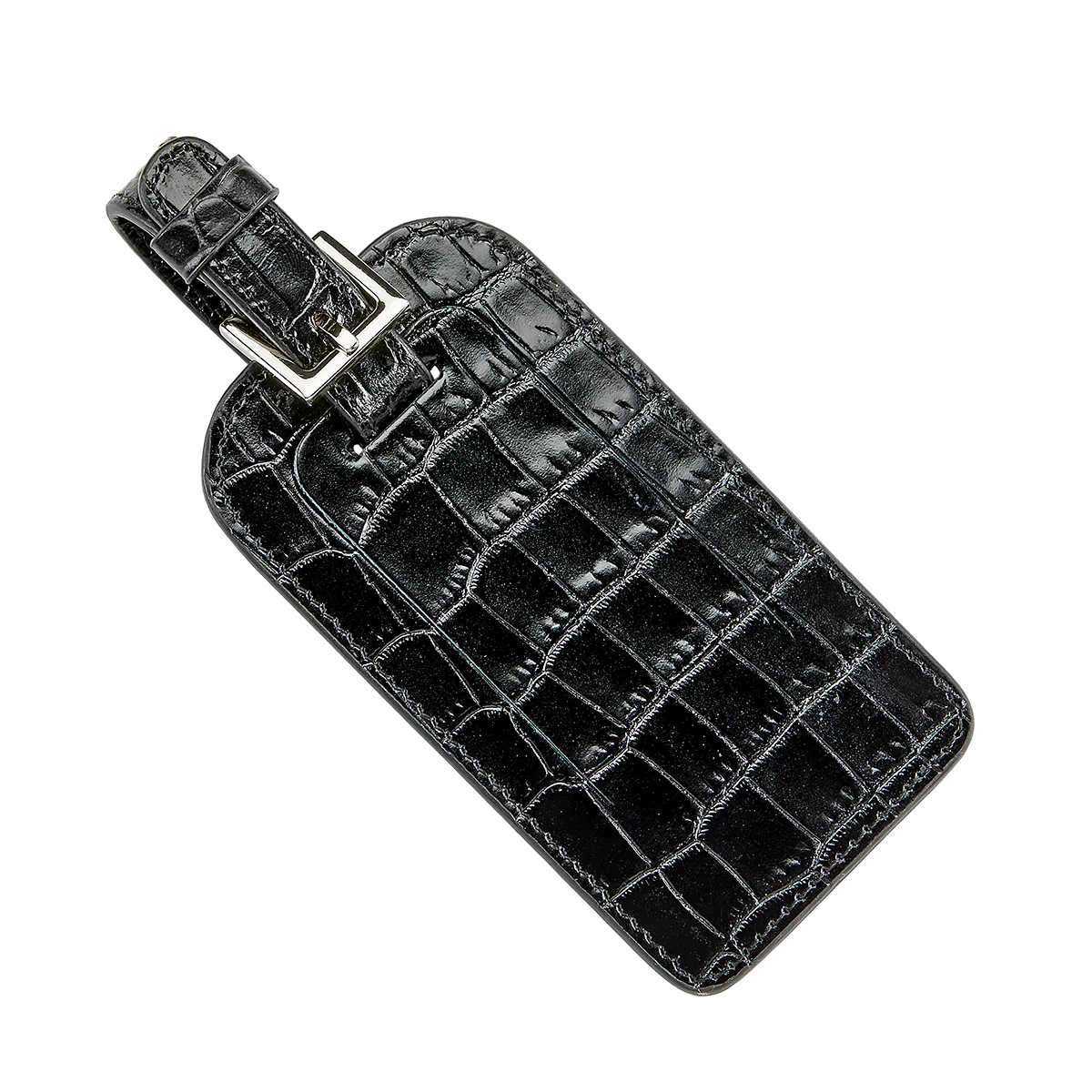 Luggage Tag / Black Crocodile Print Leather