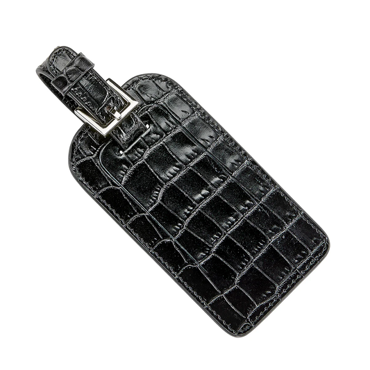 Luggage Tag / Black Crocodile Print Leather