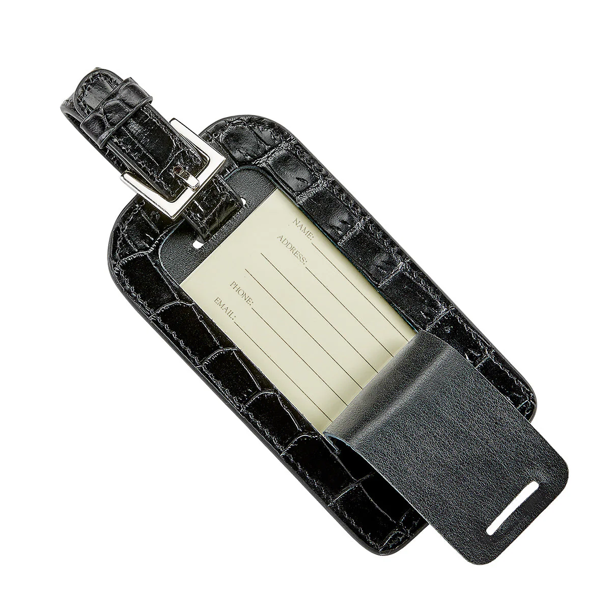Luggage Tag / Black Crocodile Print Leather