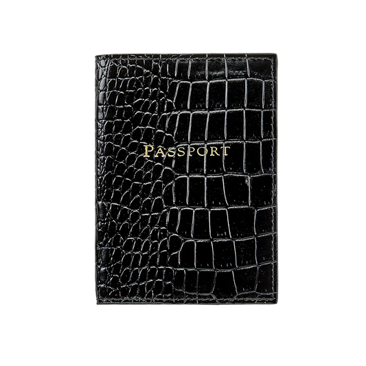 Passport Cover / Black Crocodile Print Leather