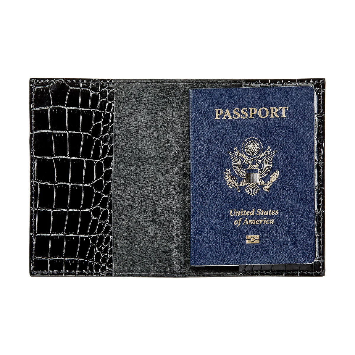 Passport Cover / Black Crocodile Print Leather