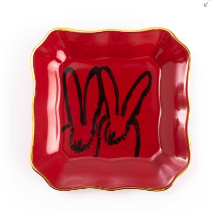 Bunny Portrait Plate with Hand-Painted Gold Rim, Red