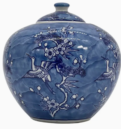 Blue & White Crane Porcelain Chinoiserie Ginger Jar 8"