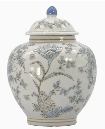 White & Blue Ceramic Chinoiserie Floral Jar 10"