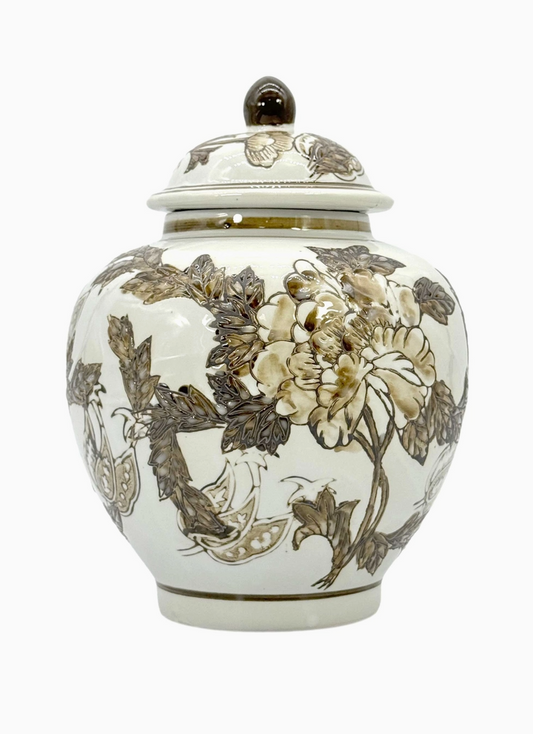 Brown & White Chinoiserie Ceramic Urn Style Jar 10"