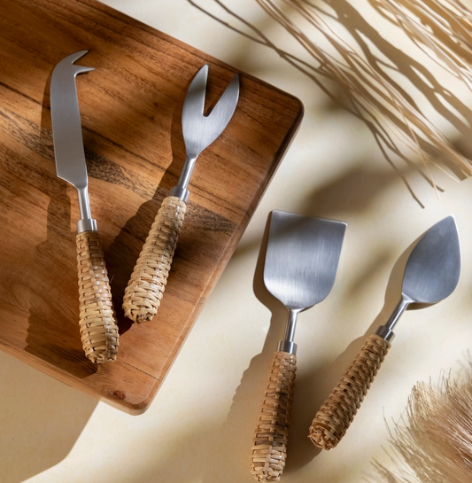 Set of 4 Stainless Steel & Wood Handle Cheese Set