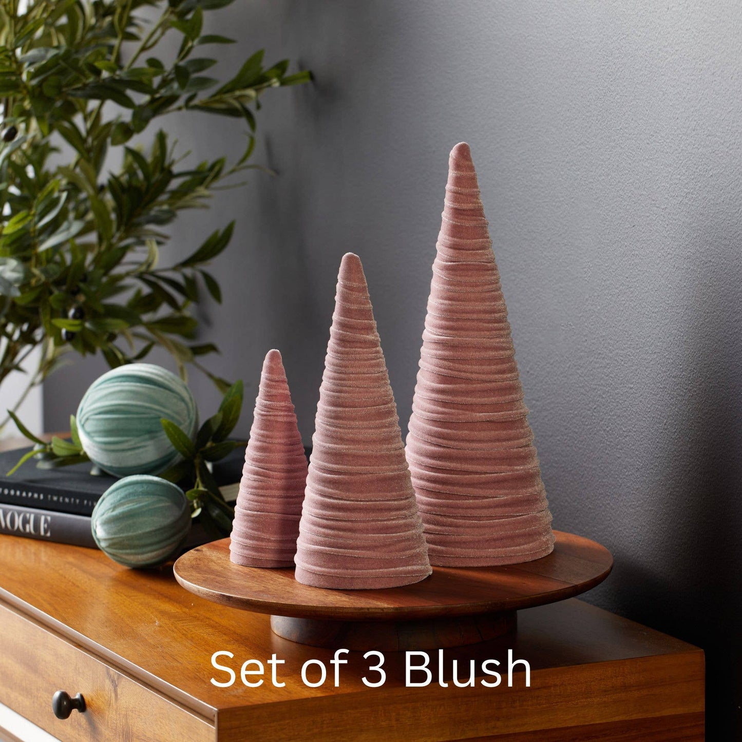 Cones Velvet Set of 3 Tablescape Mantel Best 25 Colors: Green