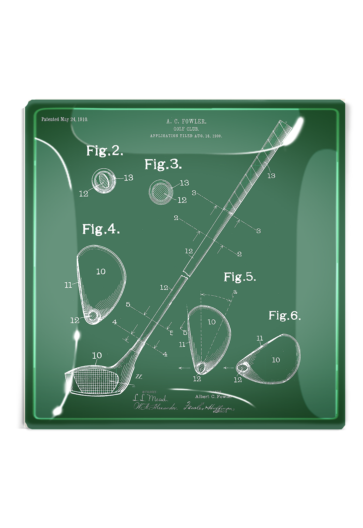 Golf Club Rendering Decoupage Glass Tray: 6"X 6"