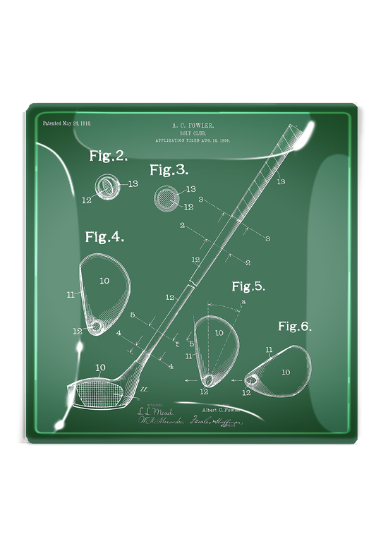 Golf Club Rendering Decoupage Glass Tray: 6"X 6"