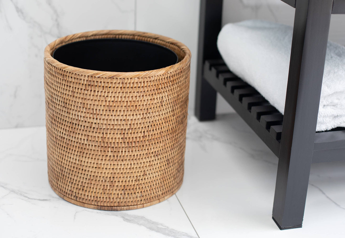 Artifacts Rattan™ Round Waste Basket with Metal Liner: Tudor Black
