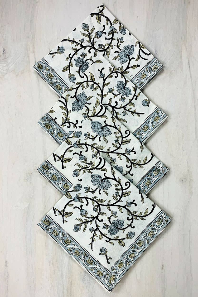 Silver Floral Block Print Napkin Set