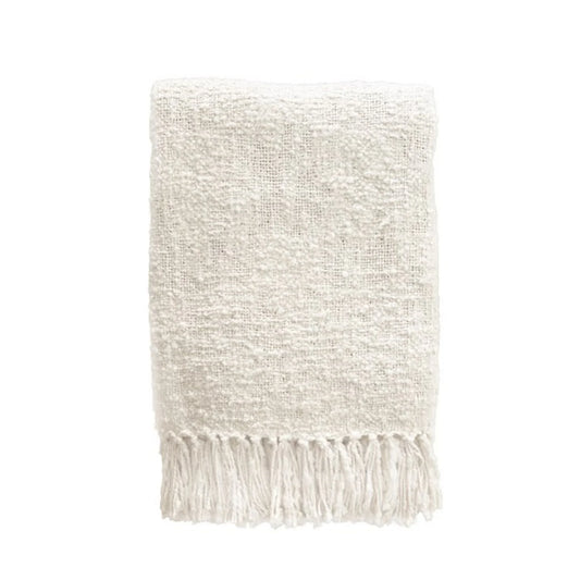 Cozy Cotton White Boucle Fringe Throw 50x70