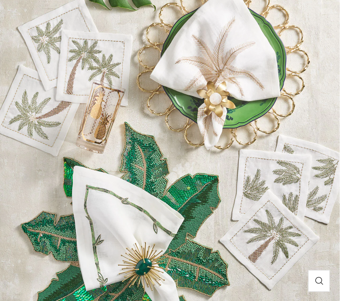 Palm Coast Cocktail Napkin in White, Green & Gold, Set of 6 in a Gift Box