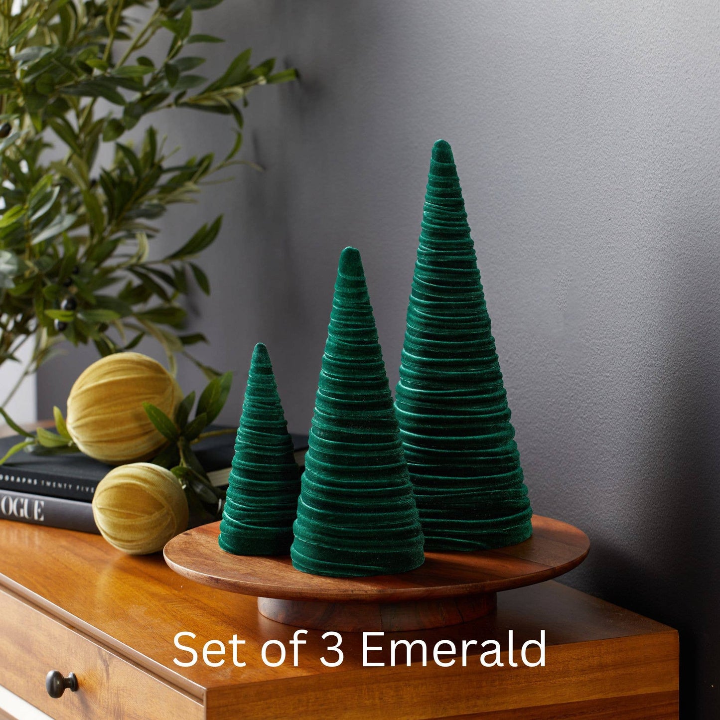 Cones Velvet Set of 3 Tablescape Mantel Best 25 Colors: Green