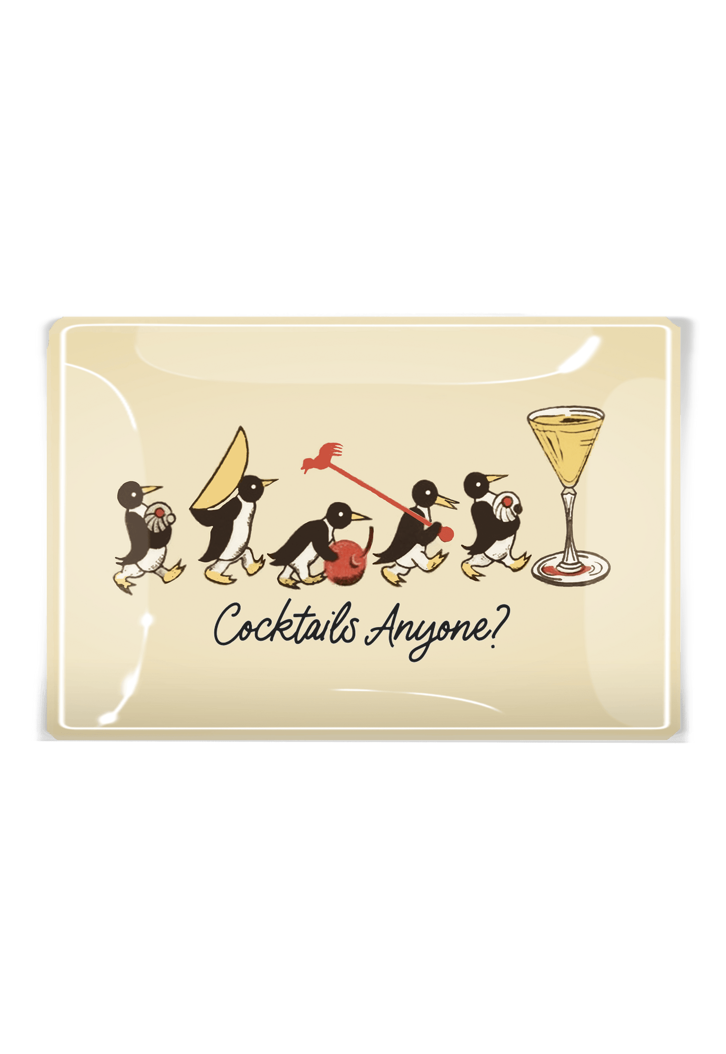 Penguins Marching Cocktails Anyone Decoupage Glass Tray: 4"X 6"