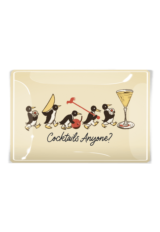 Penguins Marching Cocktails Anyone Decoupage Glass Tray: 4"X 6"